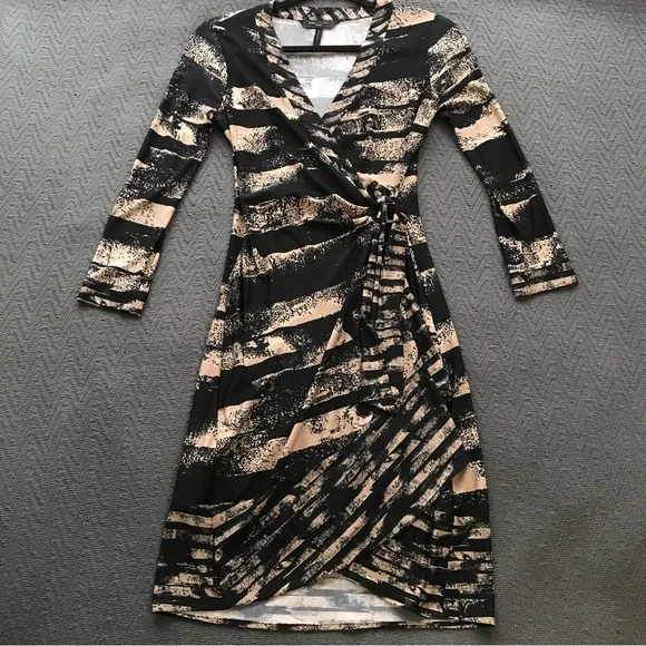 NWOT BCBGMaxAzria True Wrap Dress Black Tan Print Long Sleeve XS Petite - Picture 2 of 8